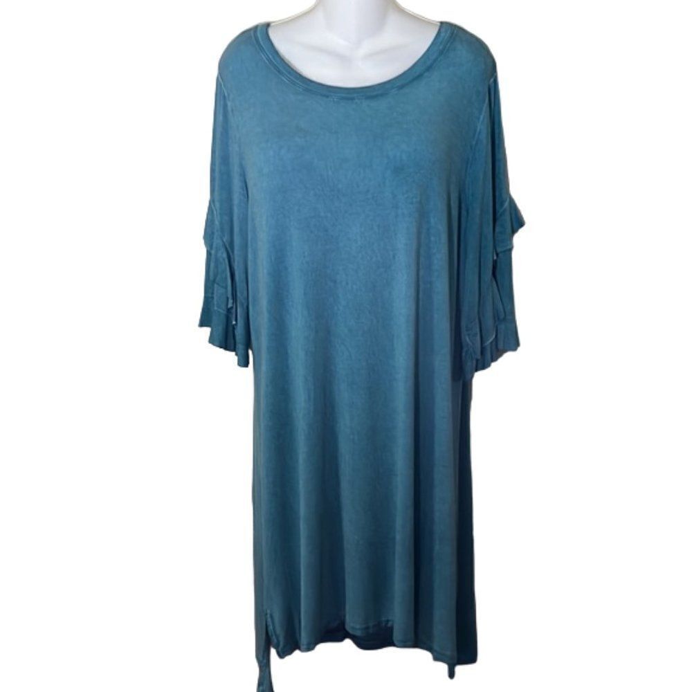 Simi Sue Turquoise Scoop Neck Rayon Flutter Sleeve T-Shirt Dress NWT Size Large
